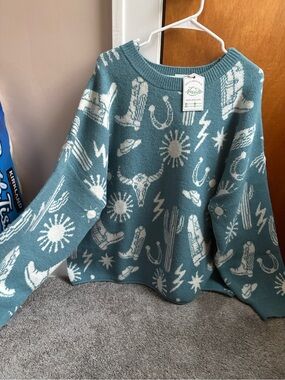 Very J Teal & Cream Western Motif Crewneck Sweater